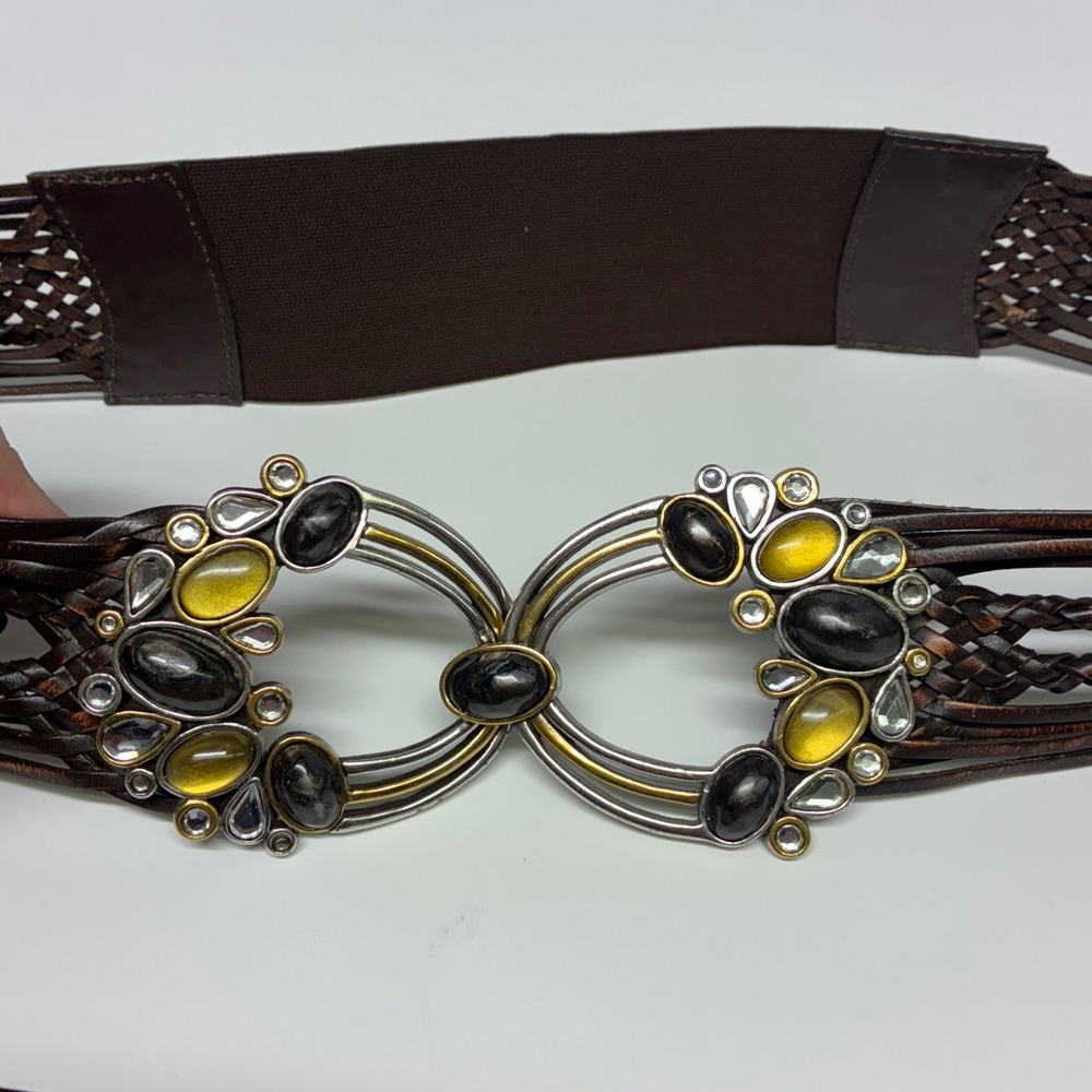 Vintage Chico's Braided‎ Brown Leather Belt Amber Black Cabochon  Boho Statement